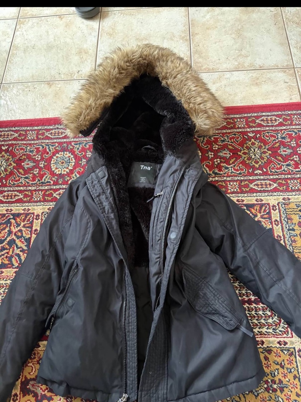 TNA Women’s Black Puffer Parka with Faux Fur-Trim Hood